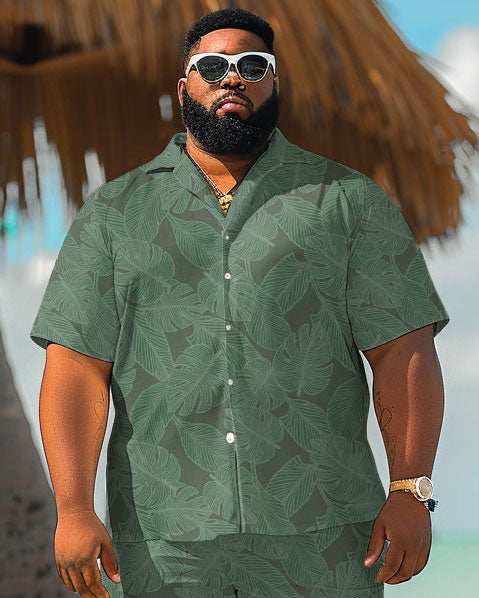 Men's Plus Size Hawaiian Leaf Textured Print Shirt Shorts Suit