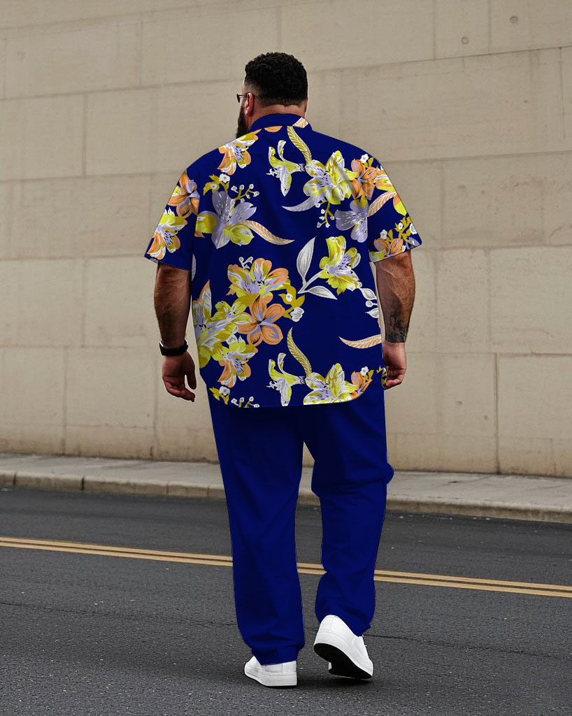 Blue Floral Pattern Shirt Trousers Suit Men's Plus Size