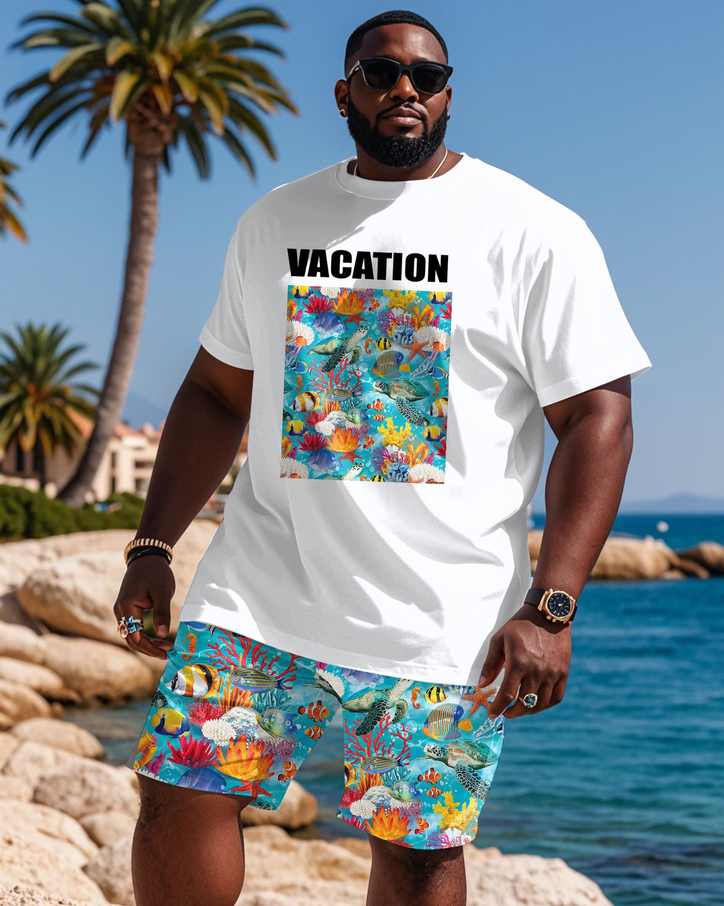 Plus Size Men's Vacation Underwater World Pattern Printed T-Shirt Shorts Suit