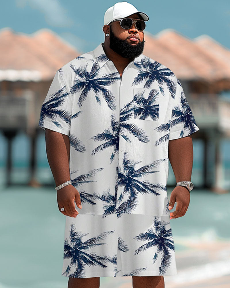 Men's Plus Size Hawaiian Coconut Tree Print Pocket Short Sleeve Shirt Shorts Set