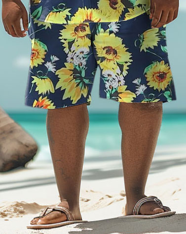 Men's Plus Size Hawaiian Sunflower Print Shirt Shorts Suit