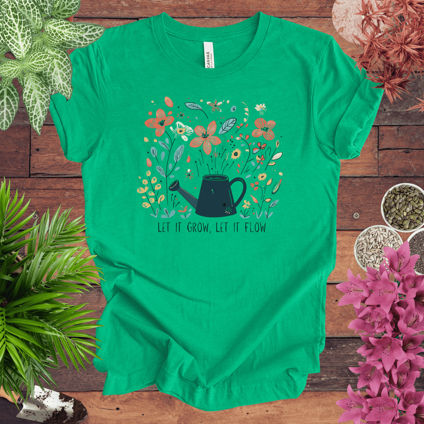 Whimsical Watering Can and Flowers T-Shirt