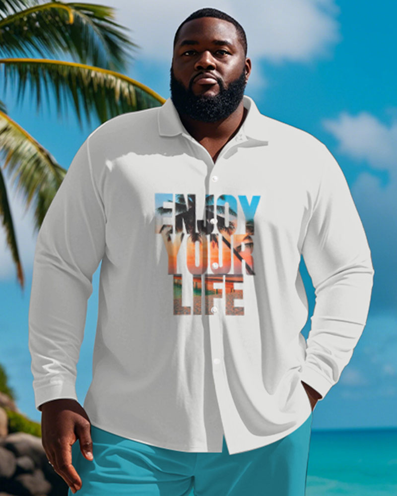 Men's Plus Size Hawaiian Coconut Tree Sunset Gradient Letter Print Long Sleeve Shirt Trousers Suit