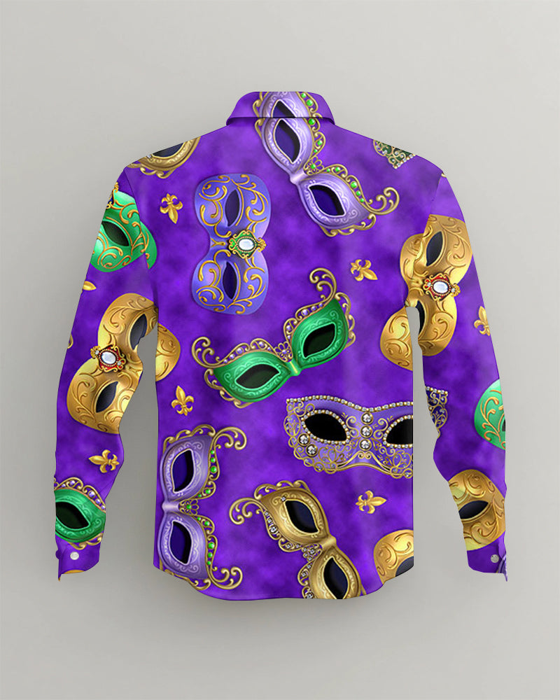 Men's Plus Size Carnival Purple Mask Print Long Sleeve Shirt