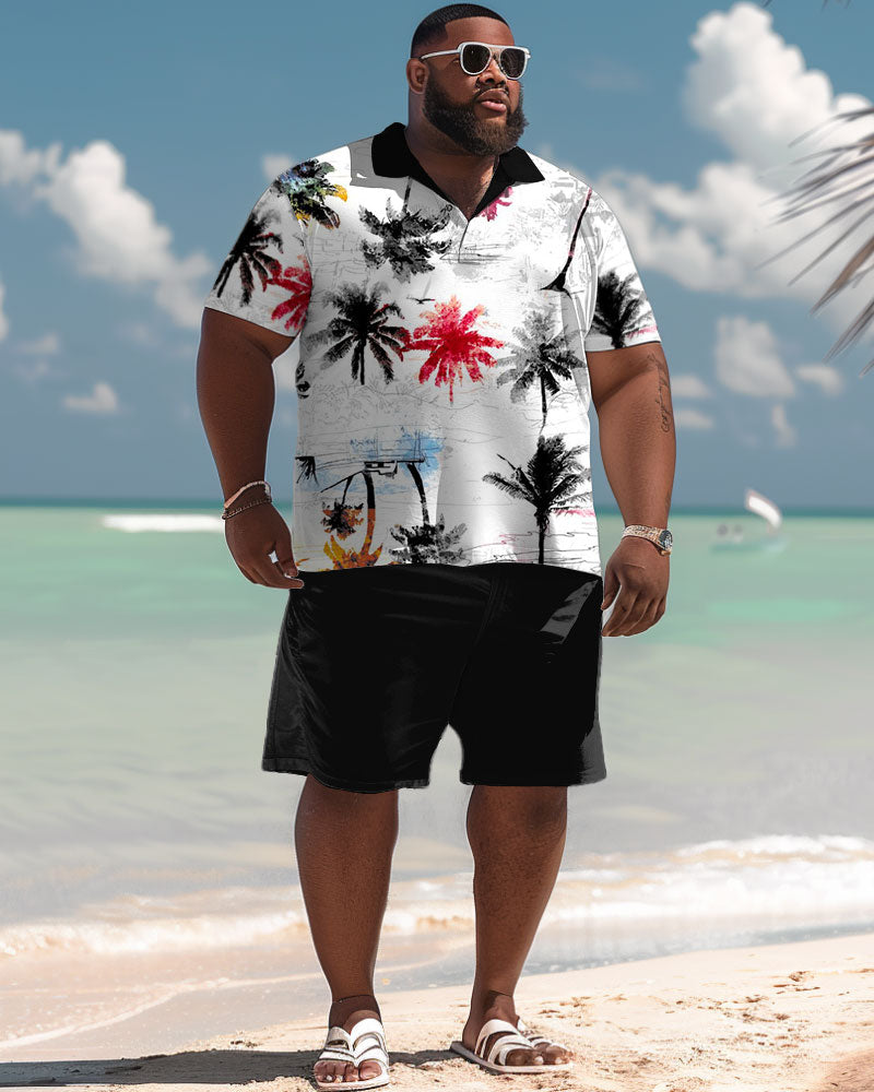 Men's Plus Size Hawaiian Graffiti Coconut Tree Print Polo Shorts Set