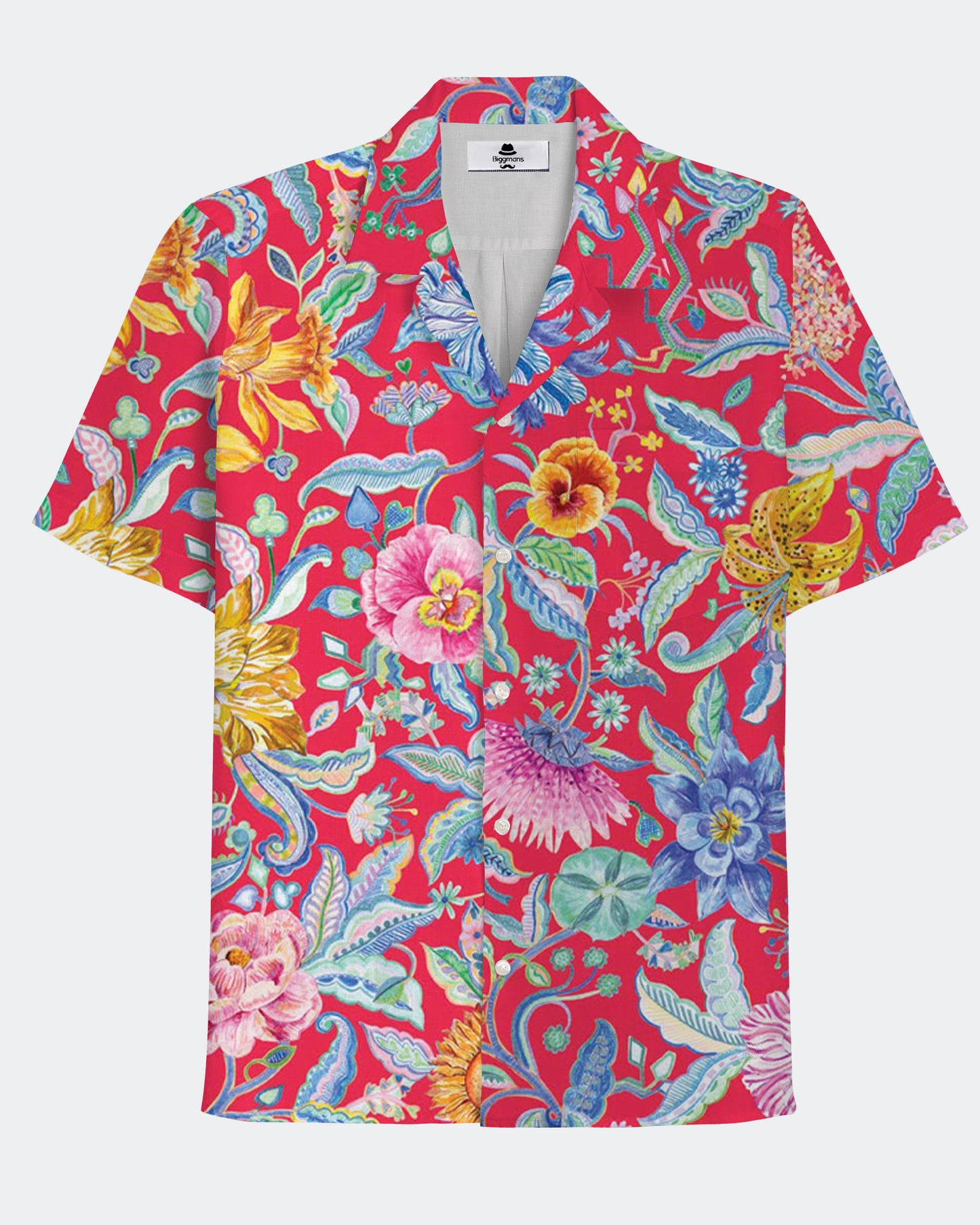 Hawaiian Casual Red Beautiful Garden Men's Plus Size Cuban Collar Short Sleeve Shirt