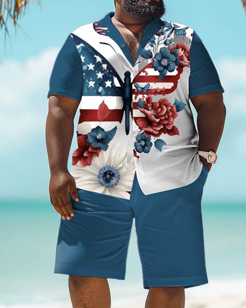 Men's Plus Size Independence Day Flag Gesture Print Short Sleeve Shirt Shorts Suit