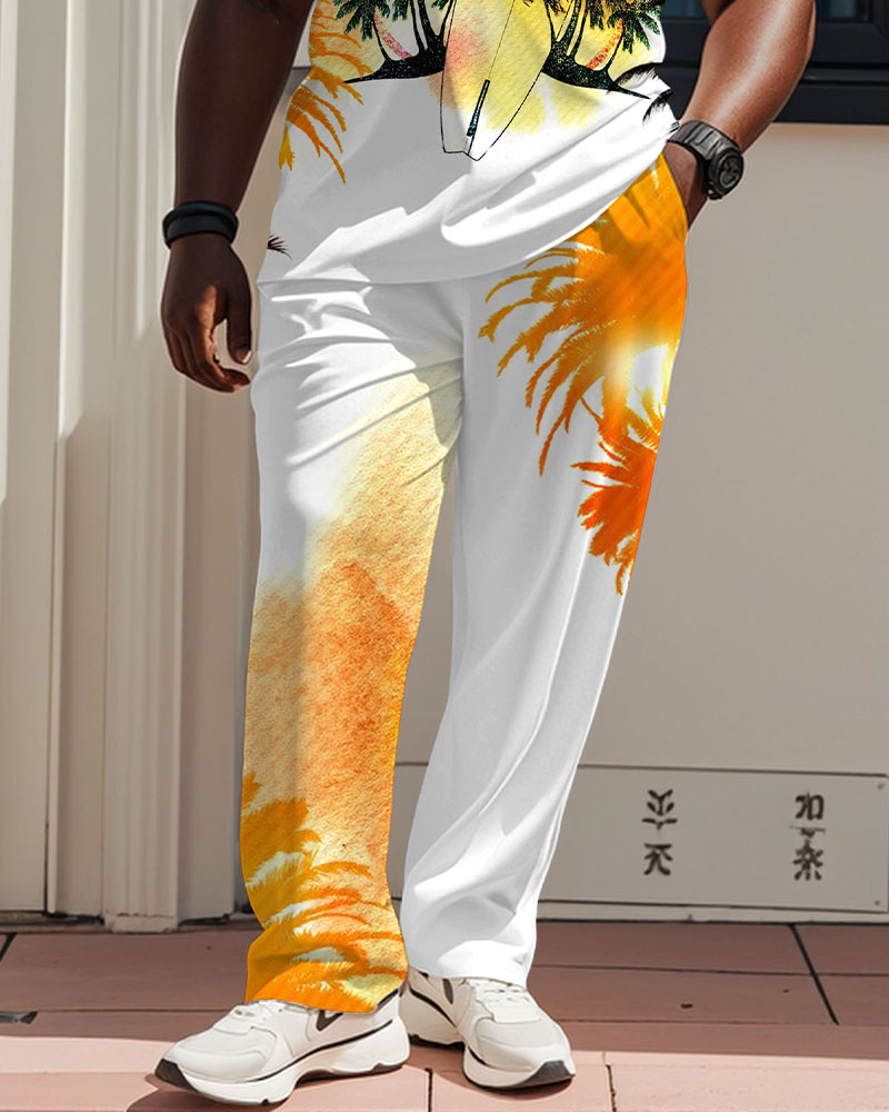 Hawaiian Surf Print White Short Sleeve Polo Trousers Suit Men's Plus Size