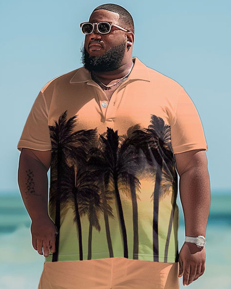 Men's Plus Size Hawaiian Gradient Coconut Tree Print Polo Shorts Suit