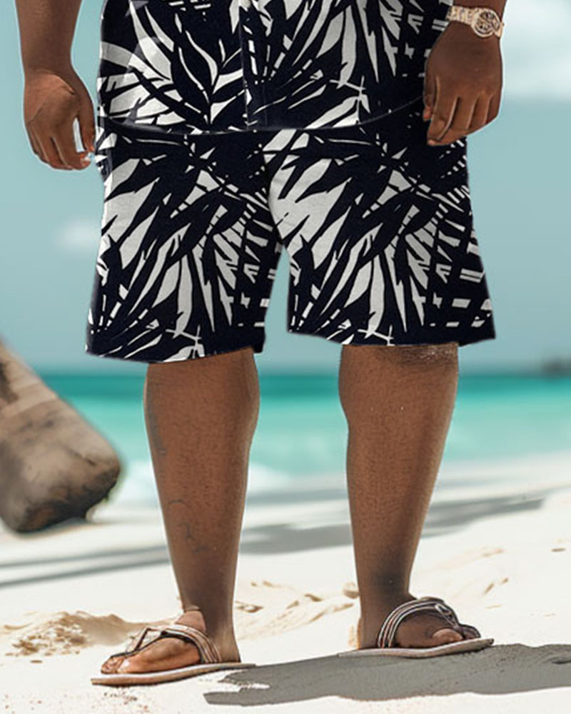 Men's Plus Size Hawaiian Black Palm Leaf Print Shirt Shorts Suit