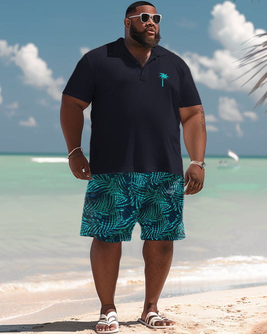 Men's Plus Size Hawaiian Tropical Palm Leaf Coconut Print Polo Shorts Set