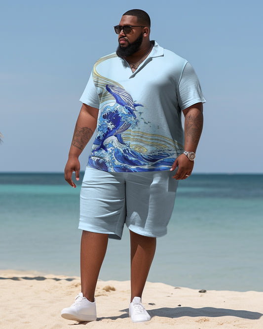 Men's Plus Size Business Tsunami Spray Beach Two-Piece Set