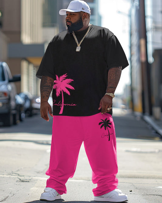 Men's Big and Tall Hawaiian Pink Coconut Tree Print T-Shirt Pants Set