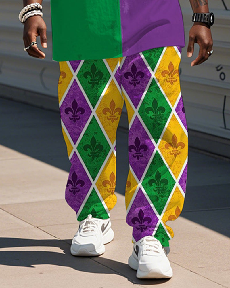 Men's Plus Size Orleans Mardi Gras Colorblock Print T-Shirt Trousers Suit