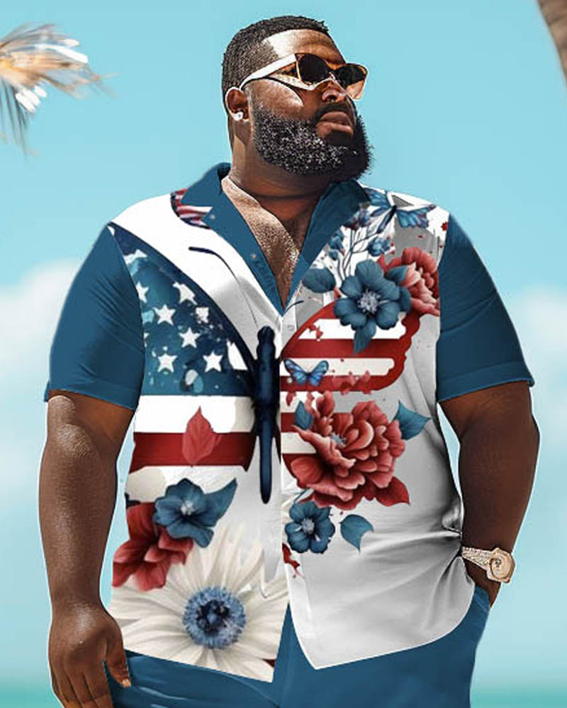 Men's Plus Size Independence Day Flag Gesture Print Short Sleeve Shirt Shorts Suit