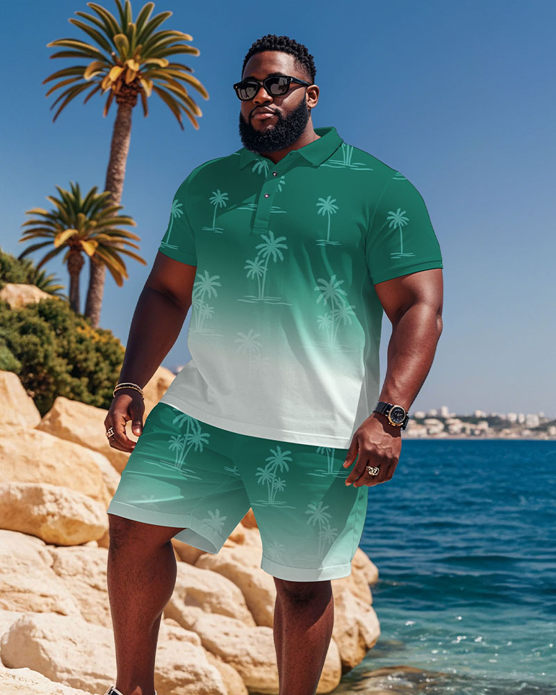 Hawaii Holiday High-end Gradient Jacquard Printed Short-sleeved Polo Shorts Suit Men's Plus Size