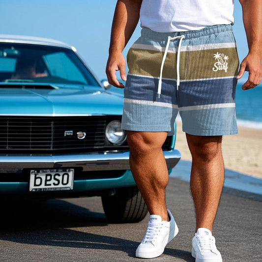 Men's Color Block Patchwork Holiday Surfing Logo Print Casual Elastomer Belt Drawstring Pocket Surfing Corduroy Shorts