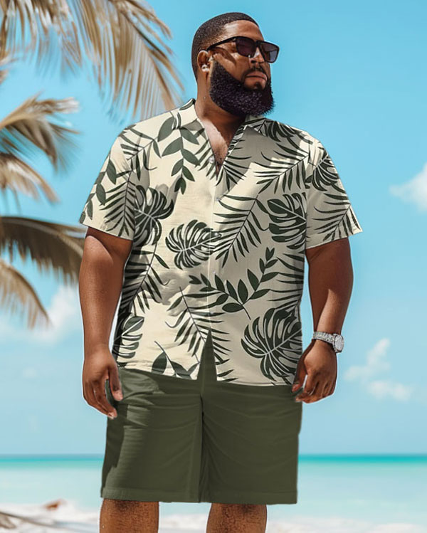 Men's Plus Size Hawaiian Tropical Leaf Print Green Shirt Shorts Set