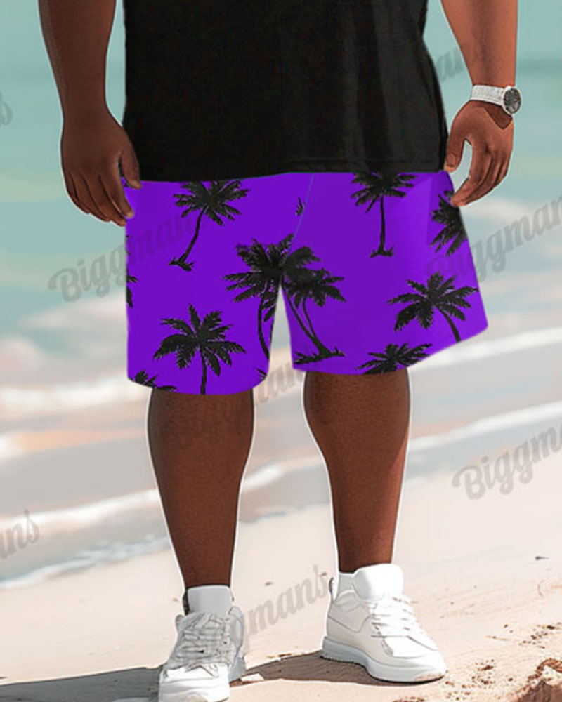 Men's Plus Size Hawaiian Tropical Yellow Coconut Tree Patchwork Print Shorts Suit