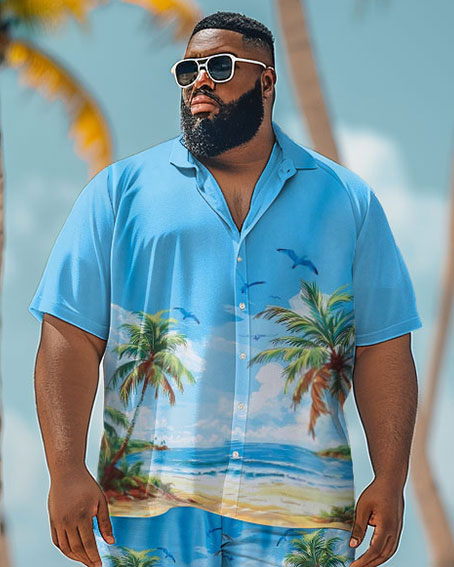 Men's Plus Size Hawaii Beach Plant Print Shirt Shorts Suit