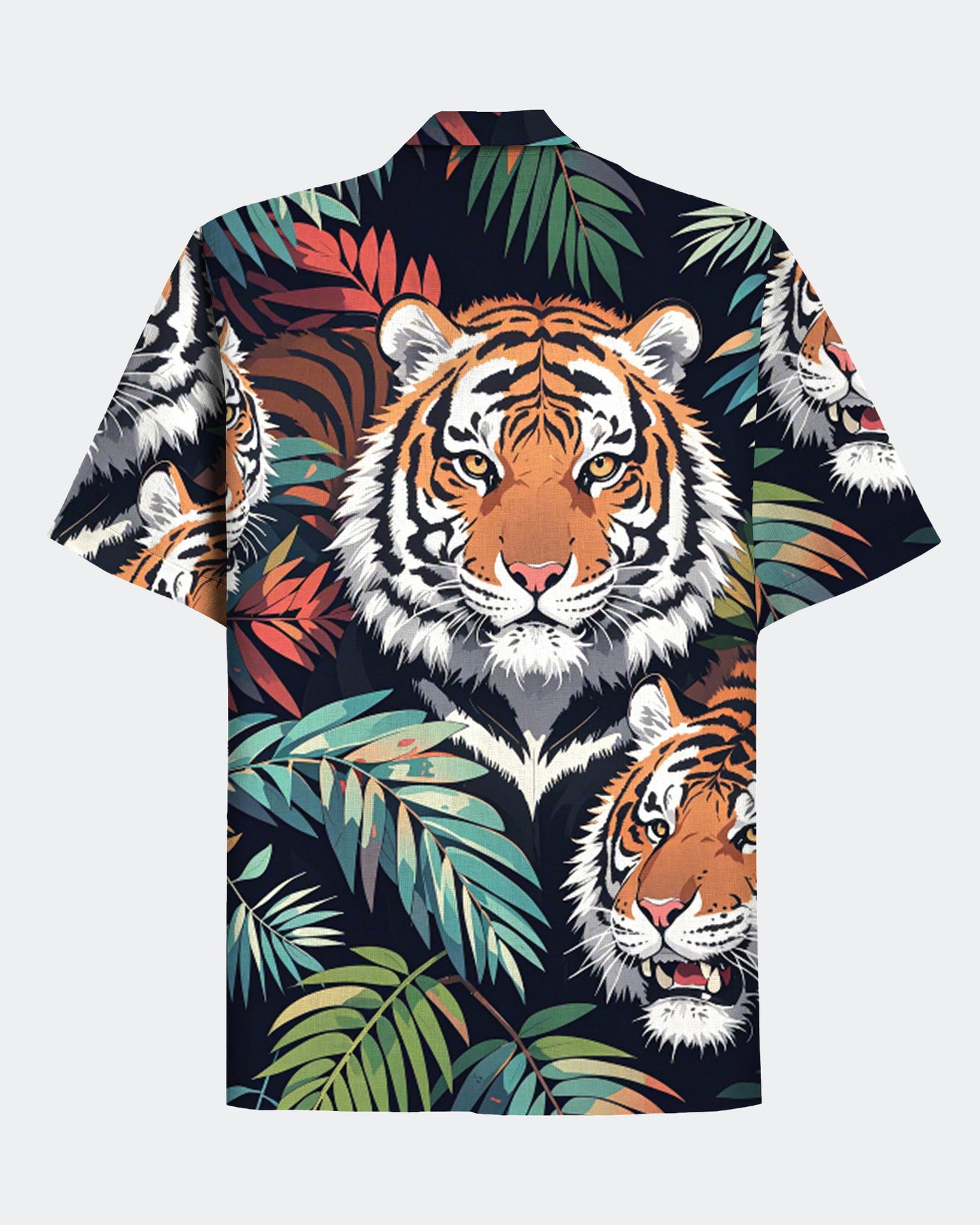 Men's Hawaiian Tigar and Palm Leaf Print Cuban Collar Short Sleeve Shirt