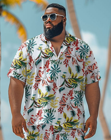 Men's Plus Size Hawaiian Plant Print Shirt Shorts Suit