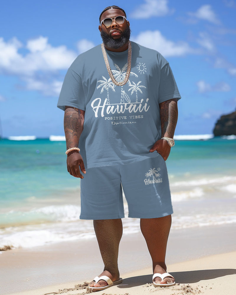 Men's Plus Size Hawaiian Coconut Tree Alphabet Print T-Shirt Shorts Suit