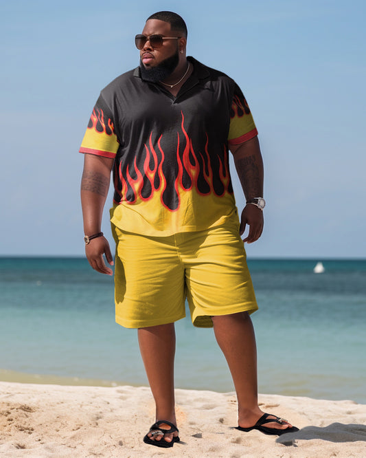 Men's Plus Size Beach Hawaiian Yellow Flame Print Two-Piece Set