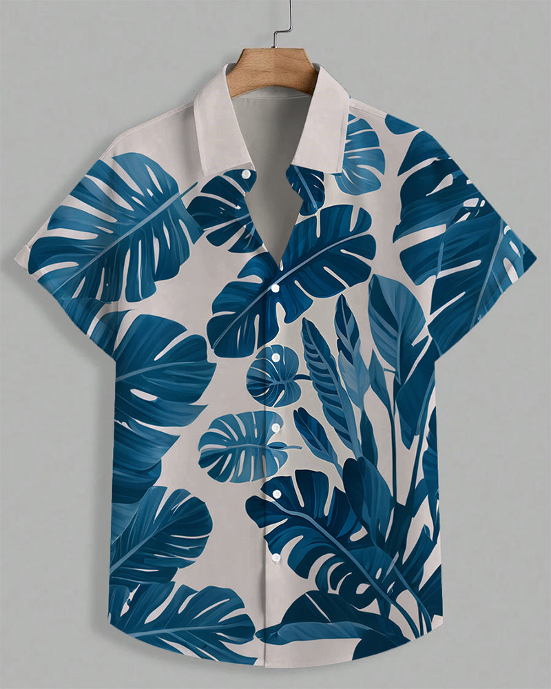 Men's Plus Size Hawaiian Blue Turtle Leaf Print Short Sleeve Shirt