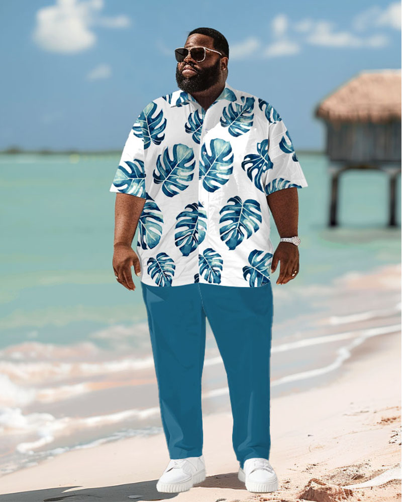 Men's Plus Size Hawaiian Turtle Leaf Print Short Sleeve Shirt Trousers Suit