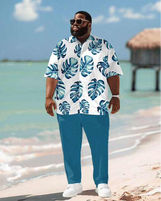 Men's Plus Size Hawaiian Turtle Leaf Print Short Sleeve Shirt Trousers Suit