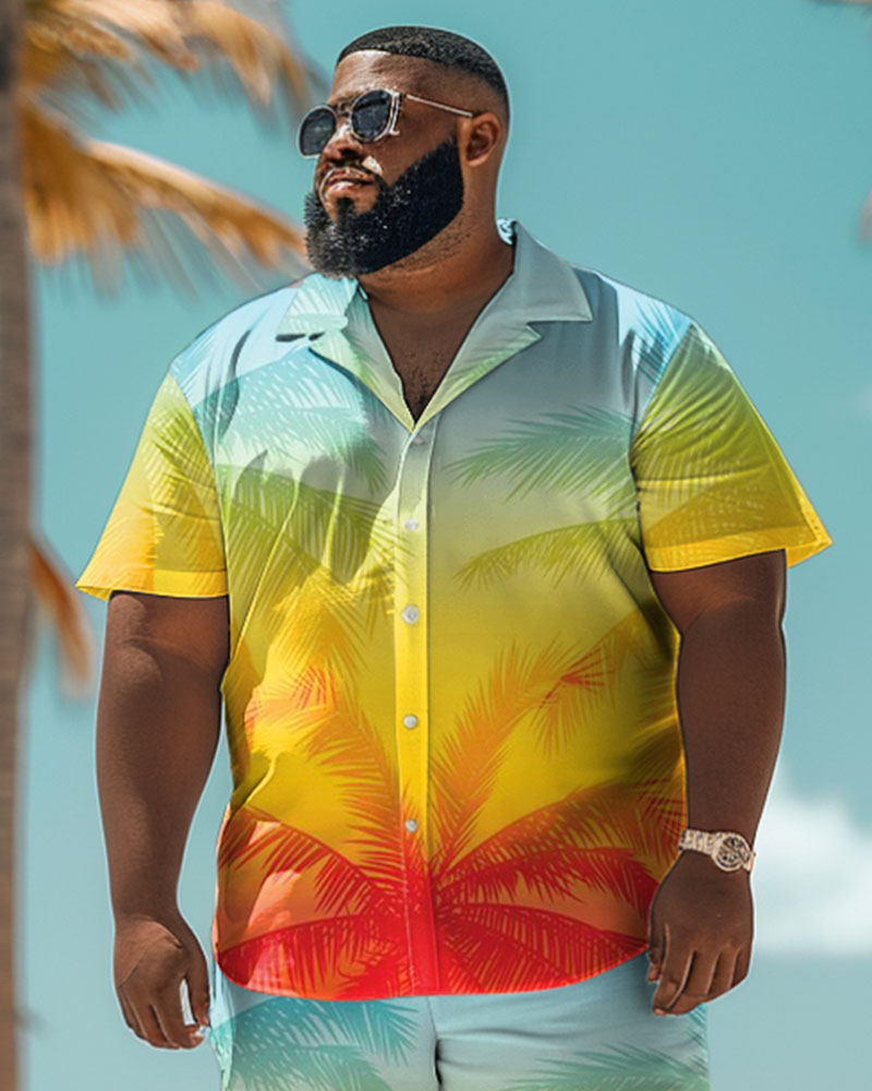 Men's Plus Size Hawaiian Gradient Coconut Tree Print Shirt Shorts Suit