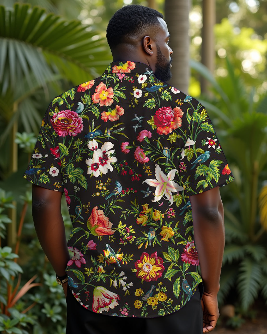 Casual Hawaiian Black Garden Men's Plus Size Cuban Collar Short Sleeve Shirt