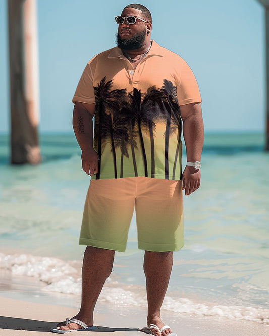 Men's Plus Size Hawaiian Gradient Coconut Tree Print Polo Shorts Suit