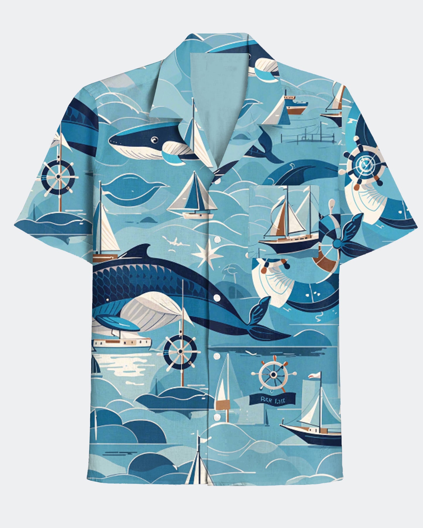 Men's Hawaii Graffiti Blue Ahale and Ship Print Cuban Collar Short Sleeve Shirt