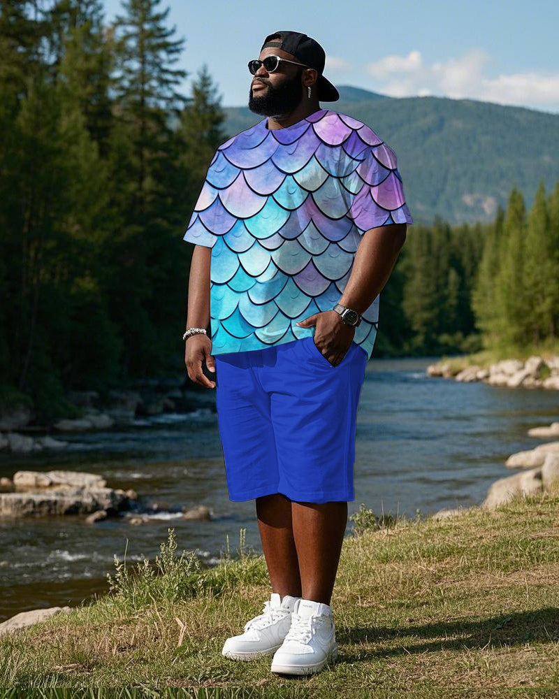 Men's Plus Size Rainbow Scale Print T-Shirt Shorts Suit