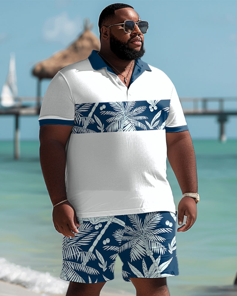 Men's Plus Size Hawaiian Coconut Tree Print Polo Shorts Suit