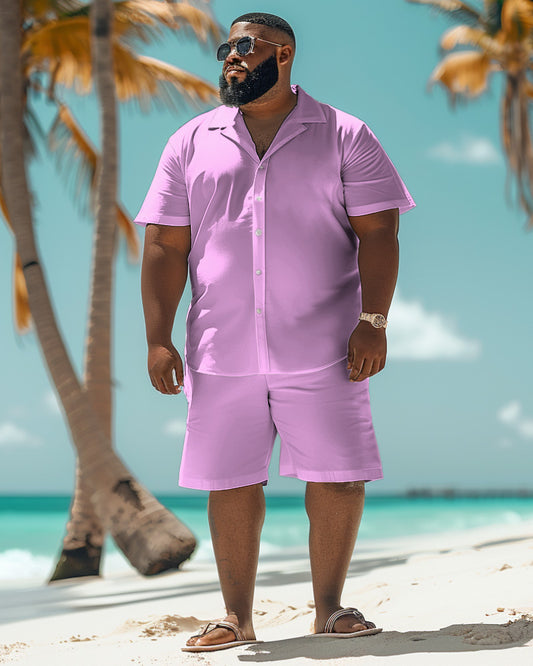 Men's Plus Size Solid Color Light Pink Shirt Shorts Suit