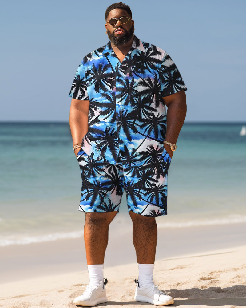 Men's Plus Size Hawaiian Blue Gradient Coconut Tree Print Shirt Shorts Suit