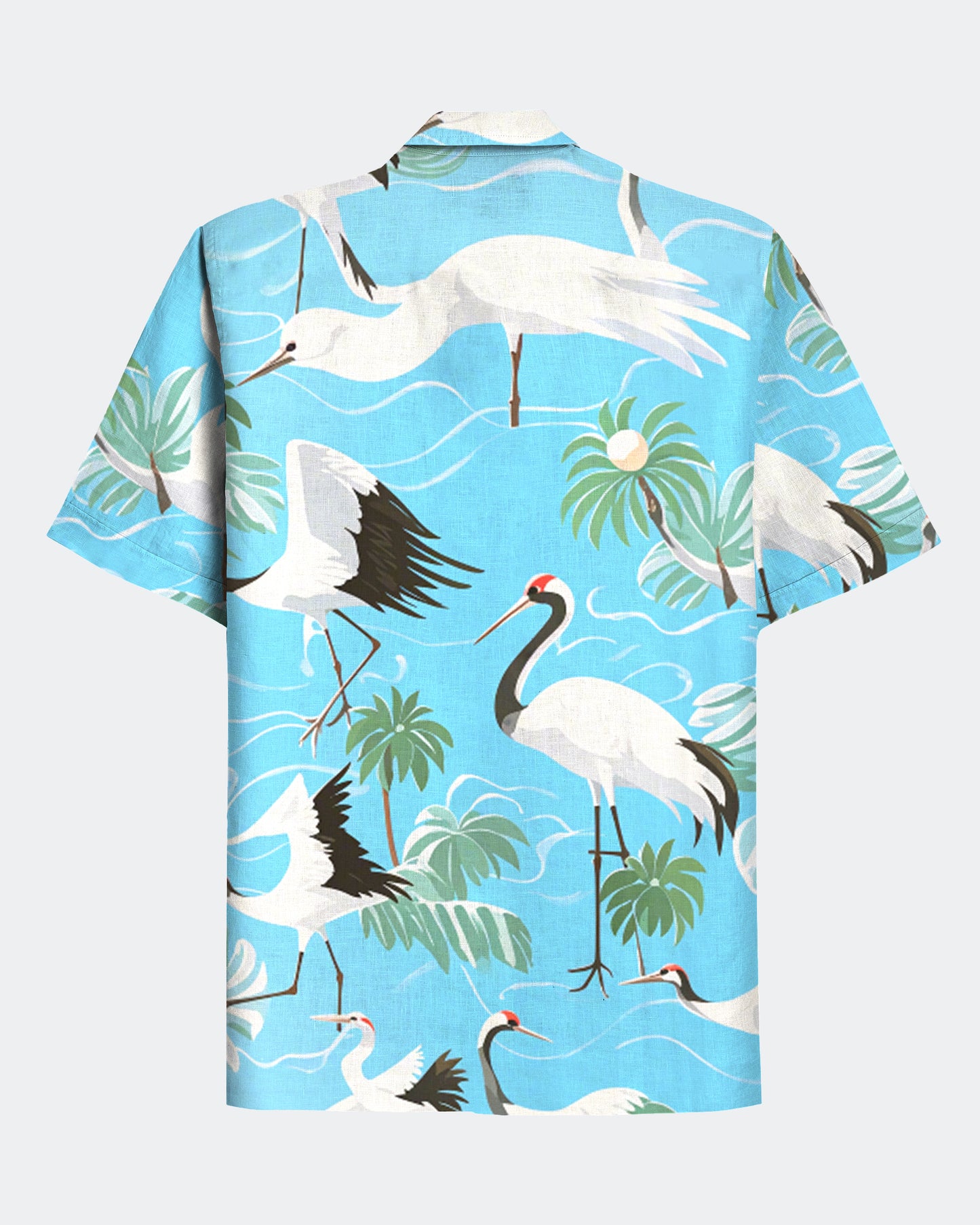 Men's Casual Hawaiian Red-crowned Crane Print Short Sleeve Shirt