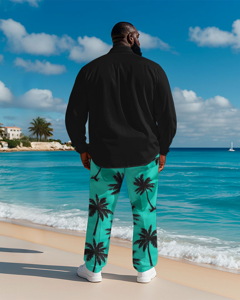 Men's Plus Size Hawaiian Green Patchwork Coconut Tree Print Long Sleeve Shirt Trousers Suit