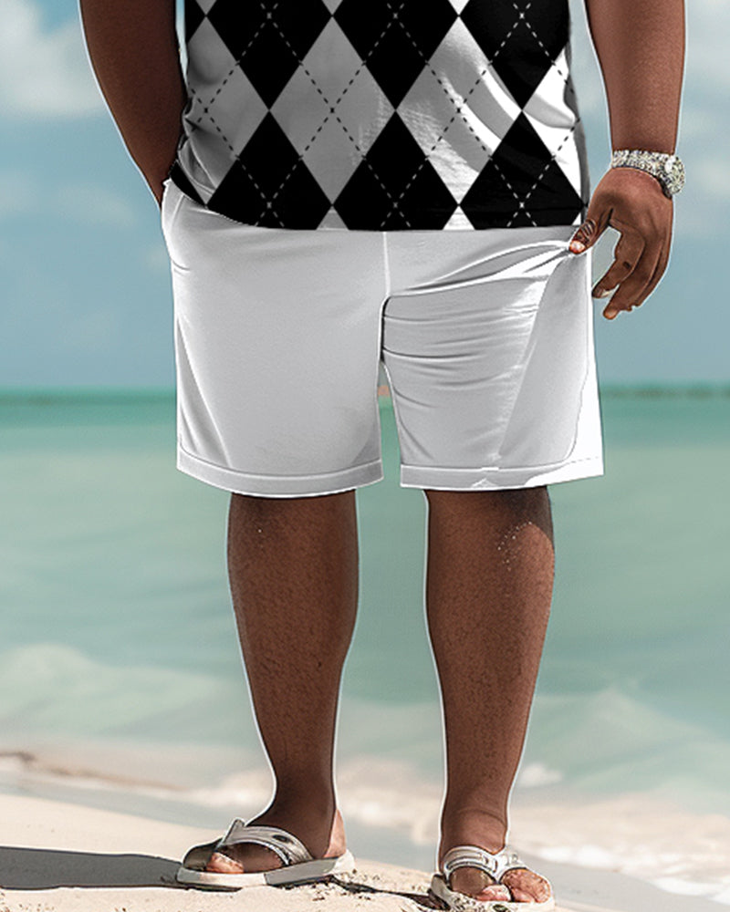 Men's Plus Size Classic Diamond Check Polo Shirt Shorts Suit