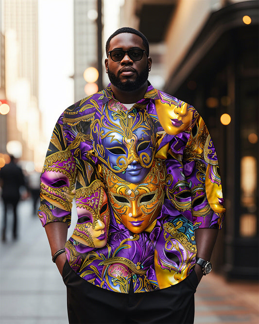 Men's Plus Size Carnival Purple Mask Print Long Sleeve Shirt