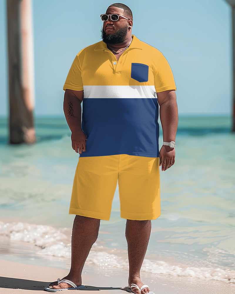 Men's Plus Size Simple Colorblock Print Pocket Polo Shorts Suit