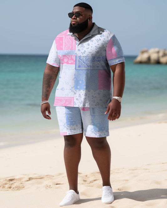 Men's Plus Size Seaside Hawaiian Peris Pattern Polo Shirt and Shorts Two-piece Set