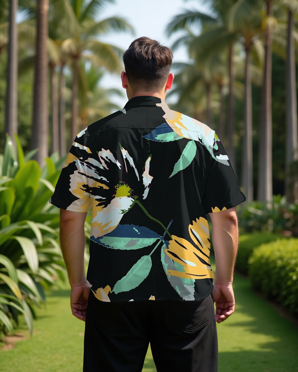 Hawaiian Casual Black Large Floral Printed Fabric Men's Plus Size Cuban Collar Short Sleeve Shirt