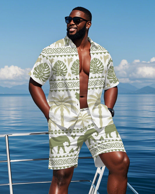 Men's Plus Size Hawaiian Green Tropical Plants Geometric Print Shirt Shorts Suit