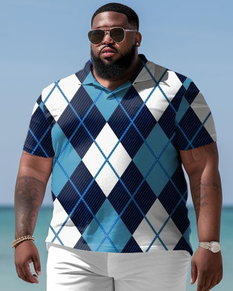 Men's Plus Size Check Print Short Sleeve Polo Shirt Shorts Set