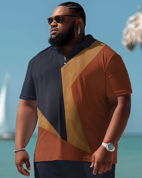 Men's Plus Size Casual Simple Colorblock Print Polo Shorts Set