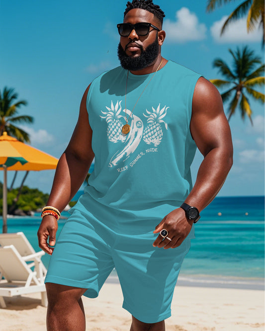 Men's Big Summer Pineapple Print Blue Tank Shorts Suit